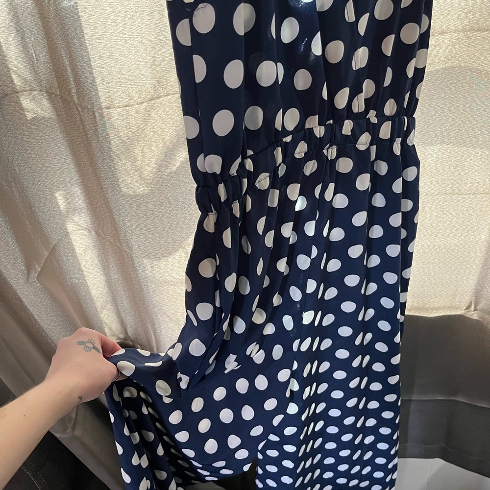 Navy Polka Dot Sleeveless Jumpsuit - Picture 2 of 3